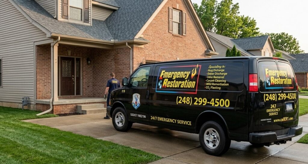 emegency restoration van in front of a home