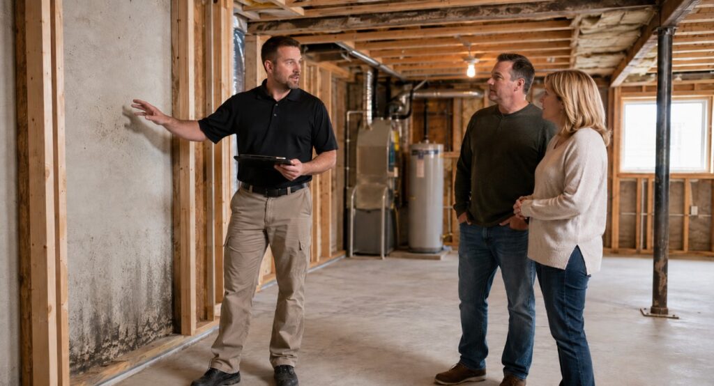 homeowners discussing mold issues with professional mold remediator